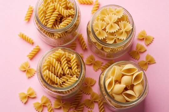 Assorted dry pasta types in glass jars on pink background. Variety of uncooked fusilli farfalle conchiglie italian noodles for culinary meal.