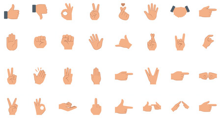 Fototapeta premium Flat Style Hand Gestures and Emojis Icon Vector Set Featuring Thumbs Up Handshake Ok Sign Peace Finger Pointing Fist and Expression Communication Symbols