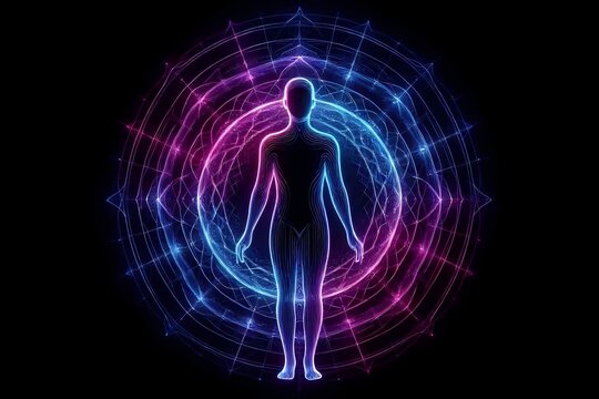 A luminous lines composition of a human figure standing in a dark void, with their entire body outlined in pulsating, Ai generated image