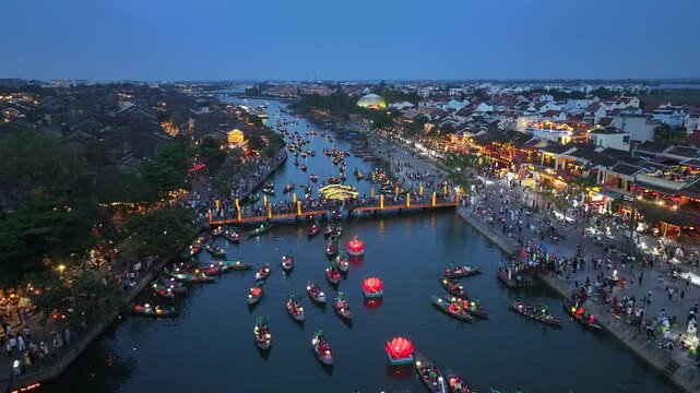 Aerial view of the Thu Bon River night scene in Hoi An Ancient Town, Vietnam