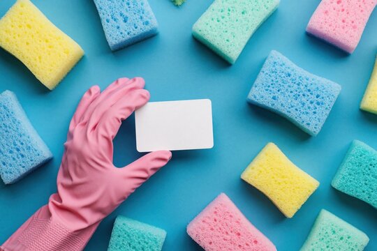 Close top view of rubber glove picks empty card on green sponge. Cleaning products as yellow desk sponges scattered. Gloves for cleaning show business idea. Object on top of green cleaning sponge