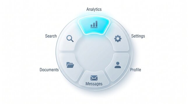 Circular navigation menu interface with modern glassmorphism icons for business software dashboard and digital control panel design
