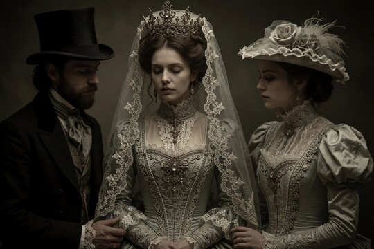 Dramatic gothic love triangle featuring man, two women. Beautiful bride in lace veil, crown stands between rival lovers. Tragic scene of betrayal, sorrow in vintage Victorian style. Elegant lady in