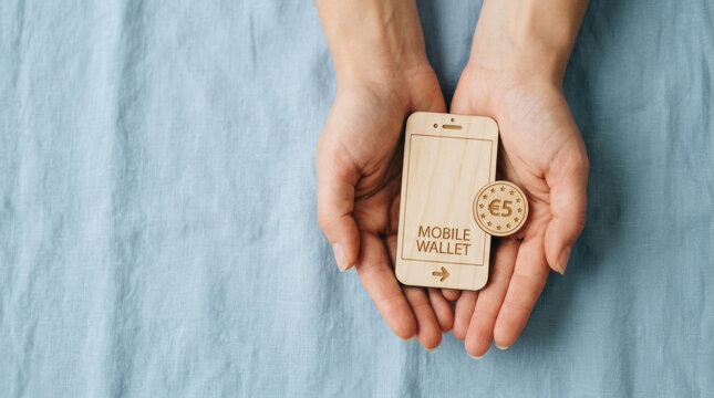 Hands holding a wooden mobile wallet and euro coin representing digital payment technology, secure e-wallet transaction, and personal financial management.