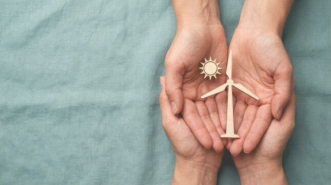 Hands holding a wooden wind turbine and sun representing sustainable renewable energy, clean environmental protection, and green ecological power.