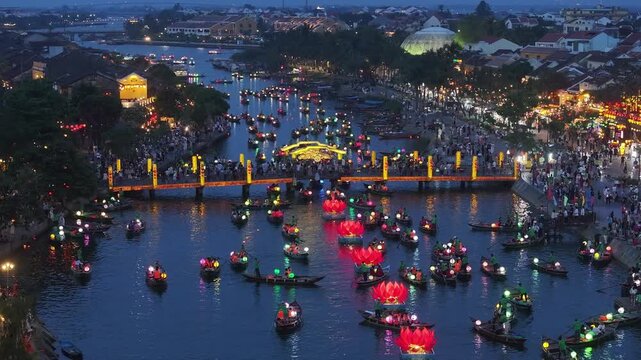 Aerial view of the Thu Bon River night scene in Hoi An Ancient Town, Vietnam