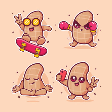 Cute peanut characters  illustration set featuring skateboarding trick, boxing pose, yoga meditation, and taking a selfie.