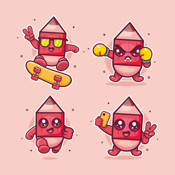 funny pencil characters illustration set featuring skateboarding trick, boxing pose, running fast, and taking a selfie.