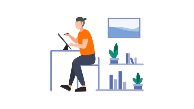 Animated Digital Artist Graphic Designer Working On Tablet Video Loop