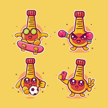 happy mayonnaise bottle character illustration set featuring skateboarding trick, boxing pose, playing football, and taking a selfie.