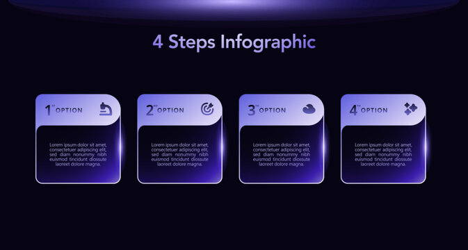 Dark flowchart infographic with 4 steps, options, parts, process sections with a creative layout, bright neon glass style, futuristic elements, sleek design, business, data presentation, advertising