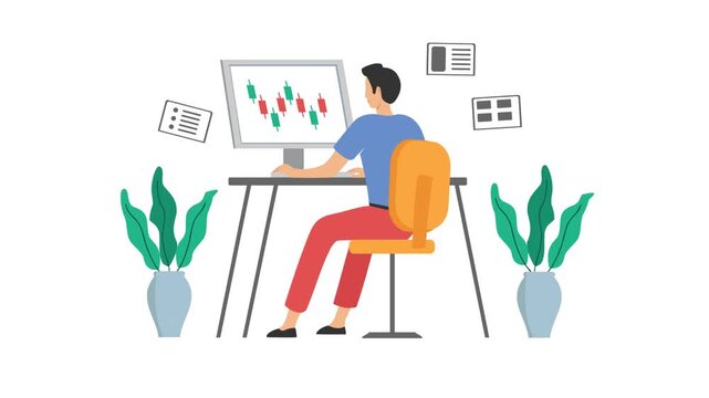 Animated Stock Trader Analyzing Candlestick Chart Video Loop