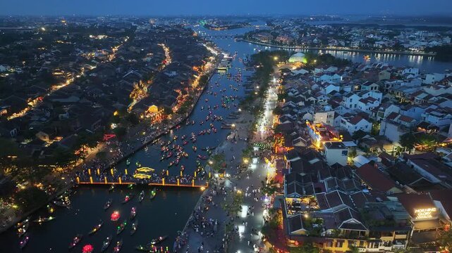 Aerial view of the Thu Bon River night scene in Hoi An Ancient Town, Vietnam