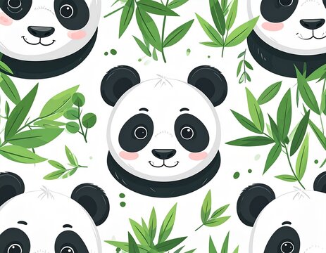 cute cartoon panda 2d pattern, round black white face bamboo leaves