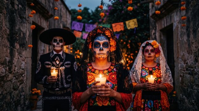 Person in traditional Mexican attire celebrate Day of the Dead with candle and skull face paint