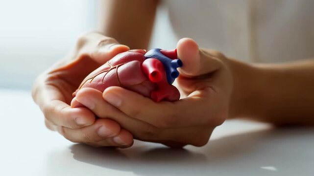 Hands gently holding red and blue heart-shaped object on bright surface, showing careful support and close-up detail with soft lighting, calm composition and health related visual symbolism