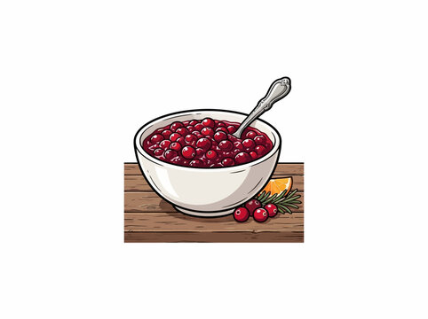 Illustration of a white bowl filled with whole cranberry sauce and a spoon, garnished with orange slice, cranberries, and rosemary on a rustic wooden surface