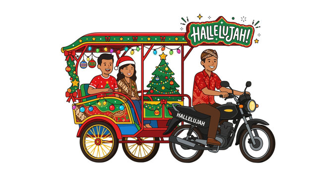 Couple riding a motorized rickshaw decorated for Christmas during holiday celebrations in Indonesia