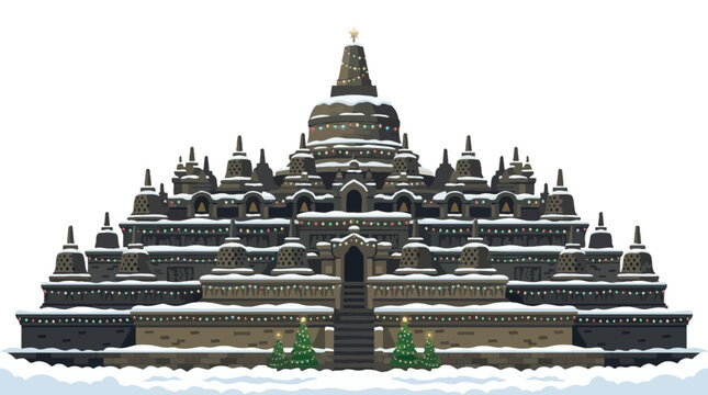 Illustration of Borobudur temple covered in snow with Christmas lights during winter holiday