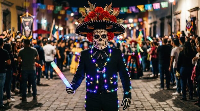 Man wear skeleton mask and sombrero for Day of the Dead parade in Mexico for cultural concept
