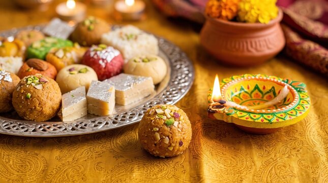 Indian sweet mithai on silver plate with lit diya lamp for Diwali festival celebration concept
