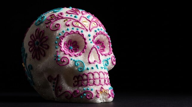 Mexican sugar skull with pink icing decoration for Dia de los Muertos celebration on black background