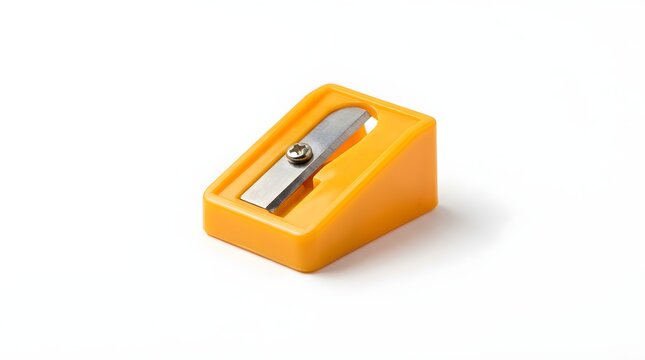 Small yellow plastic pencil sharpener isolated on a white background