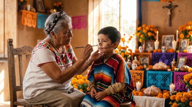 Grandmother apply skull face paint to child for Day of the Dead celebration near ofrenda