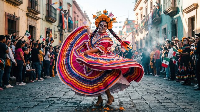 Mexican woman dance in traditional folklorico dress during Day of the Dead parade for cultural tourism