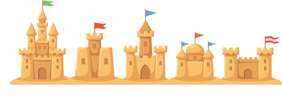 Sandcastle vector illustration collection with different beach sand castle designs isolated on white background