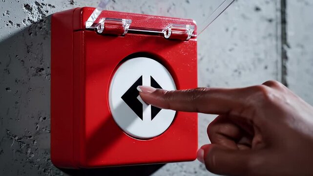 Person's Hand Pushing Red Button with Clear Protective Cover on Concrete Wall
