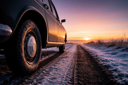 Old car tire on icy dirt road at winter sunrise. Frost covers tire and snowy ground. Vehicle travels on path through frosted landscape.