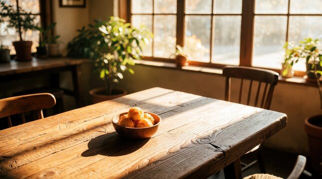 Sunlight shines on rustic wooden table in cozy cafe interior. Small bowl with fresh bread rolls sits under warm window light. Indoor plants create green atmosphere near large windows. Empty breakfast