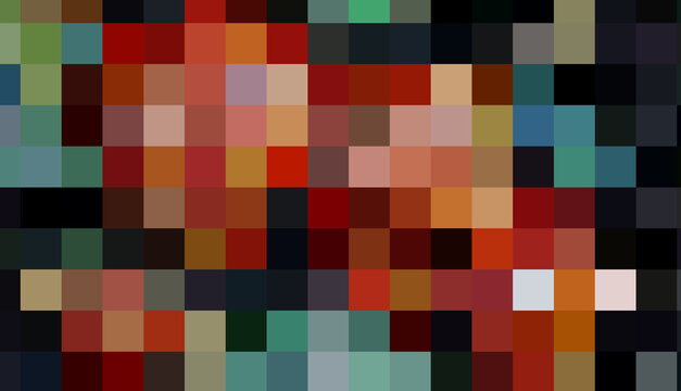 Abstract pixelated low resolution mosaic tile background with warm orange, teal, and dark tones, ideal for digital design and retro texture reference