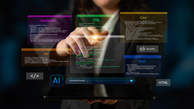 A business professional engages with various programming languages displayed on a tablet, symbolizing collaboration and innovation in the digital workspace. Cyphers