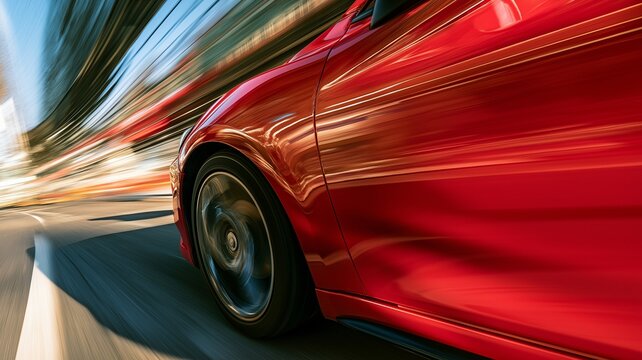 Driving on the road, the red car accelerates with motion blur, speed, dynamism, and a contemporary metropolitan lifestyle.