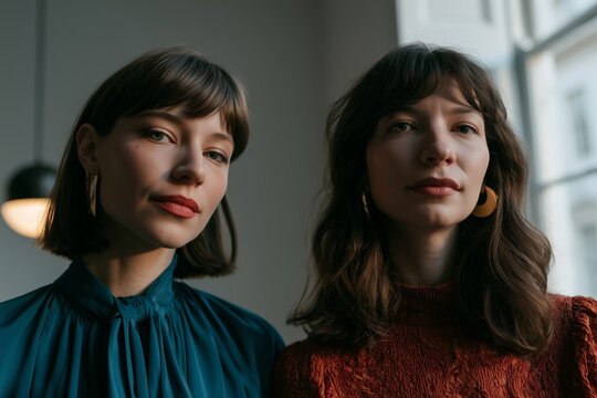 Two women indoors, showcasing modern elegance with stylish outfits, soft lighting accentuating their natural beauty and contemporary fashion.