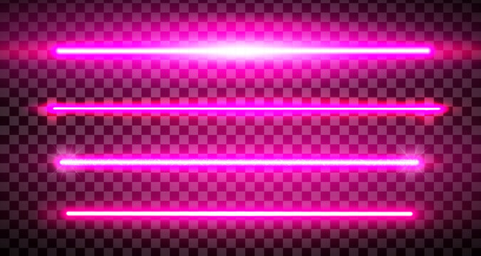 Pink llazer straight lines pack isolated. Neon glowing laser beam effect. Fluorescent LED electric luminous line. Led light halogen dynamic diode. Vector illustration