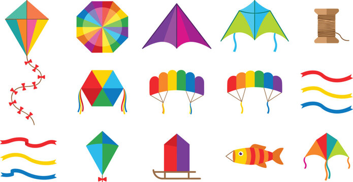 Colorful Kite Festival Flat Vector Icon Set with Various Kites, Rainbow Parachutes, Thread Spool, Ribbons, and Flying Toys for Makar Sankranti Celebrations