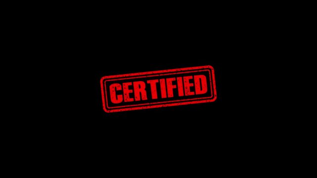 Certified rubber stamp animation. Certified Stamp textured bold text motion. Up to down stamp zooming and hit effect 4k video.