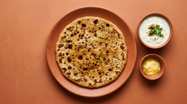 Aloo paratha with yogurt and butter.