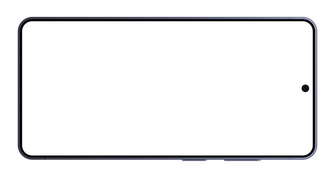 Realistic purple smartphone empty screen frame overlay mockup. Mobile phone display template isolated on transparent bg. Device front view. Smart phone horizontal for social media. Vector illustration