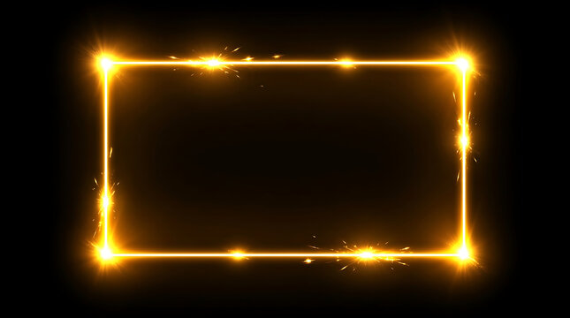 A dramatically lit golden rectangular frame glows brightly against a dark black backdrop filled with shimmering light particles and a powerful vibrant