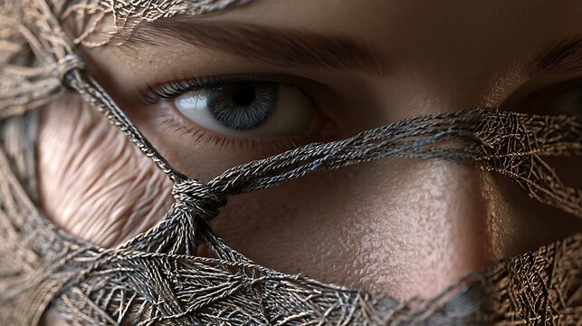 380. A psychological art piece about the 'Body Keeps the Score'. A portrait of a person where their muscles and skin are woven like an intricate tapestry, but some threads are violently pulled 