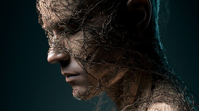 380. A psychological art piece about the 'Body Keeps the Score'. A portrait of a person where their muscles and skin are woven like an intricate tapestry, but some threads are violently pulled 