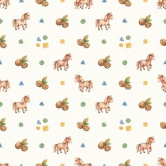 Obraz premium Cute ponies with hazelnuts and geometric shapes seamless pattern watercolor