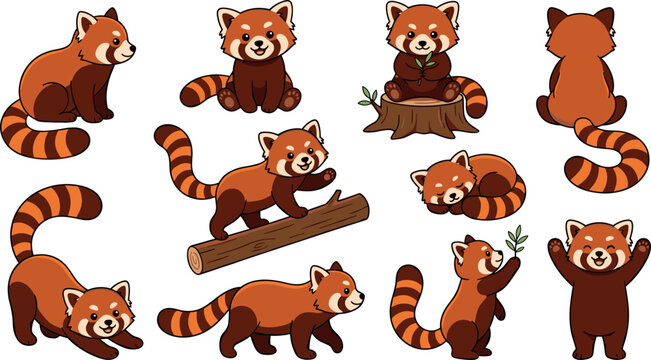 Cute red panda character vector set with various funny poses climbing logs and sleeping isolated elements