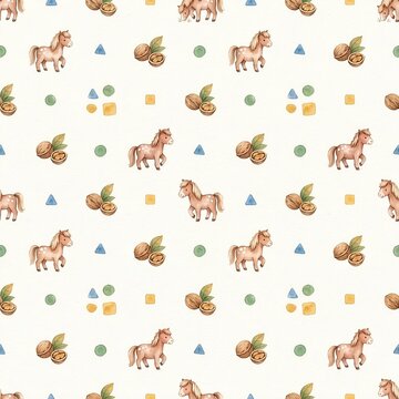 Cute ponies with hazelnuts and geometric shapes seamless pattern watercolor