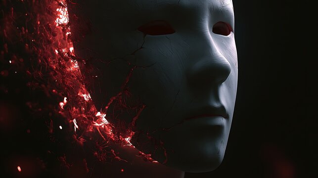 378. A conceptual illustration of the 'Mask of Sanity'. A person wearing a perfectly painted plaster mask of calm, but the mask has small cracks through which hundreds of glowing, frantic red 