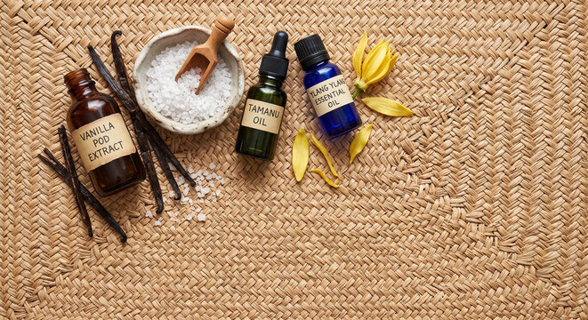 Top down flat lay of Madagascar vanilla and tamanu oil spa items on raffia mat